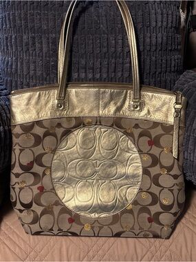 GUC Coach Brown Signature Tote with Metallic Gold Accents and Red Heart Details